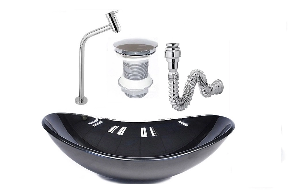 Cuba De Vidro Oval 47cm Preta + Válvula Click + Torneira De Metal + Sifao