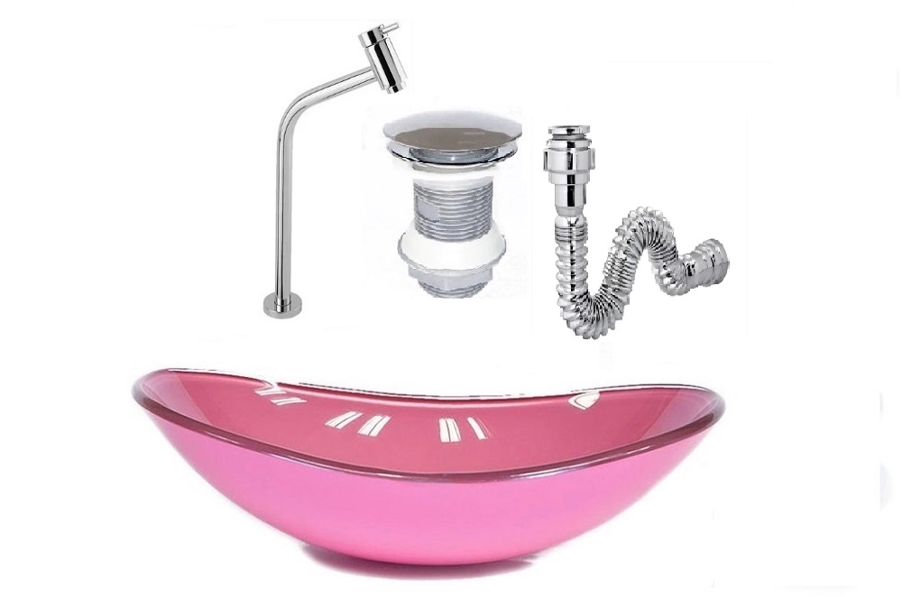 Cuba De Vidro Oval 47cm Rosa + Válvula Click + Torneira De Metal + Sifao