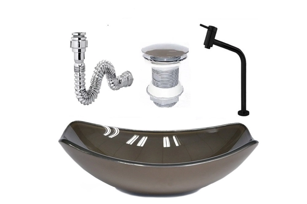 Cuba De Vidro Oval Chanfrada 46cm Marrom + Valvula + Torneira Metal Preta + Sifao