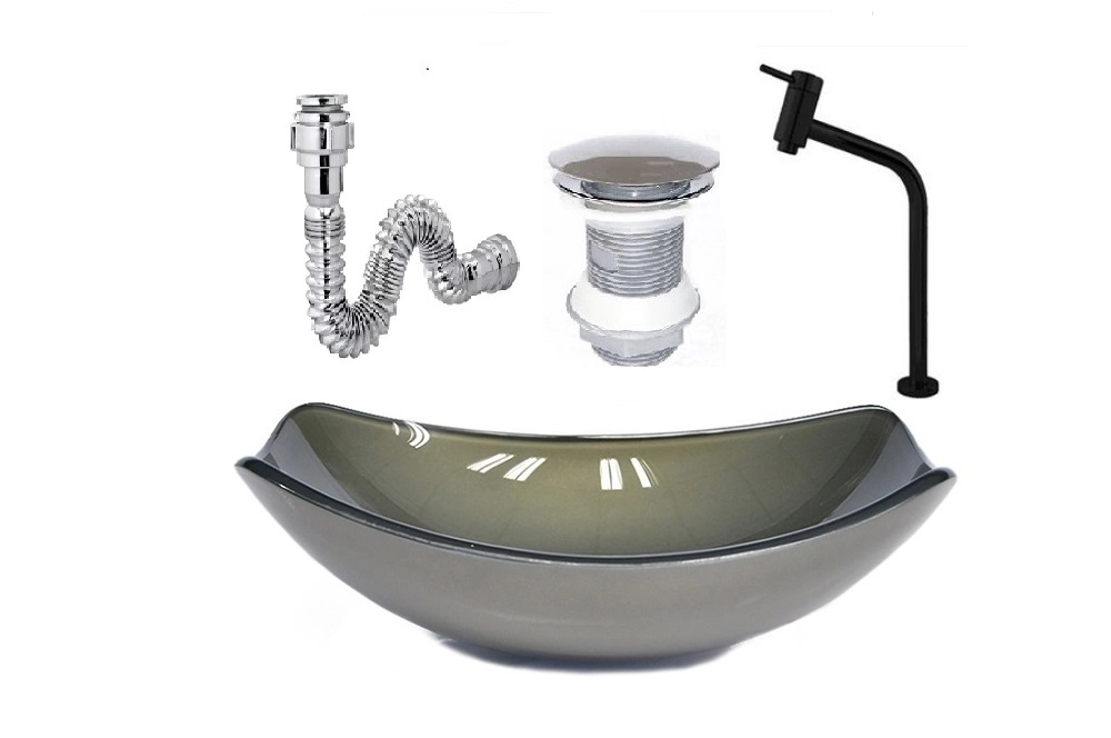 Cuba De Vidro Oval Chanfrada 46cm Ouro Envelhecido + Valvula + Torneira Metal Preta + Sifao