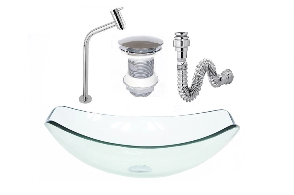 Cuba De Vidro Oval Chanfrada 46cm Jateado + Valvula + Torneira + Sifao
