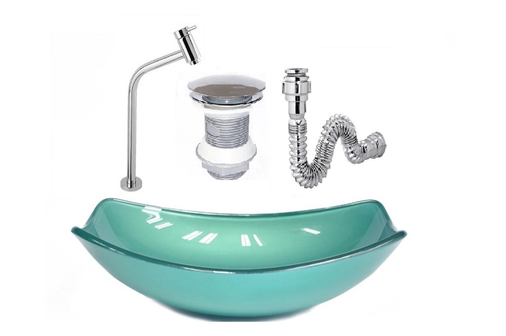 Cuba De Vidro Oval Chanfrada 46cm Verde + Valvula + Torneira + Sifao