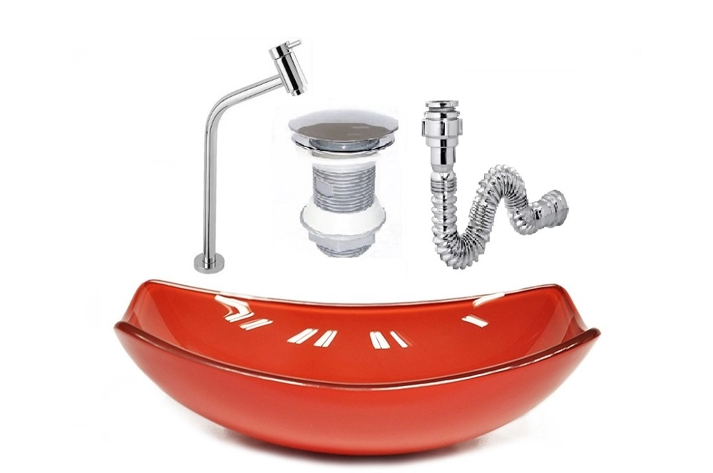 Cuba De Vidro Oval Chanfrada 46cm Vermelho Ferrari + Valvula + Torneira + Sifao