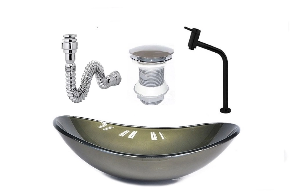 Cuba De Vidro Oval 47cm Ouro Envelhecido + Valvula + Torneira Preta + Sifao