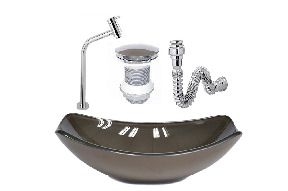 Cuba De Vidro Oval Chanfrada 46cm Marrom + Valvula + Torneira + Sifao