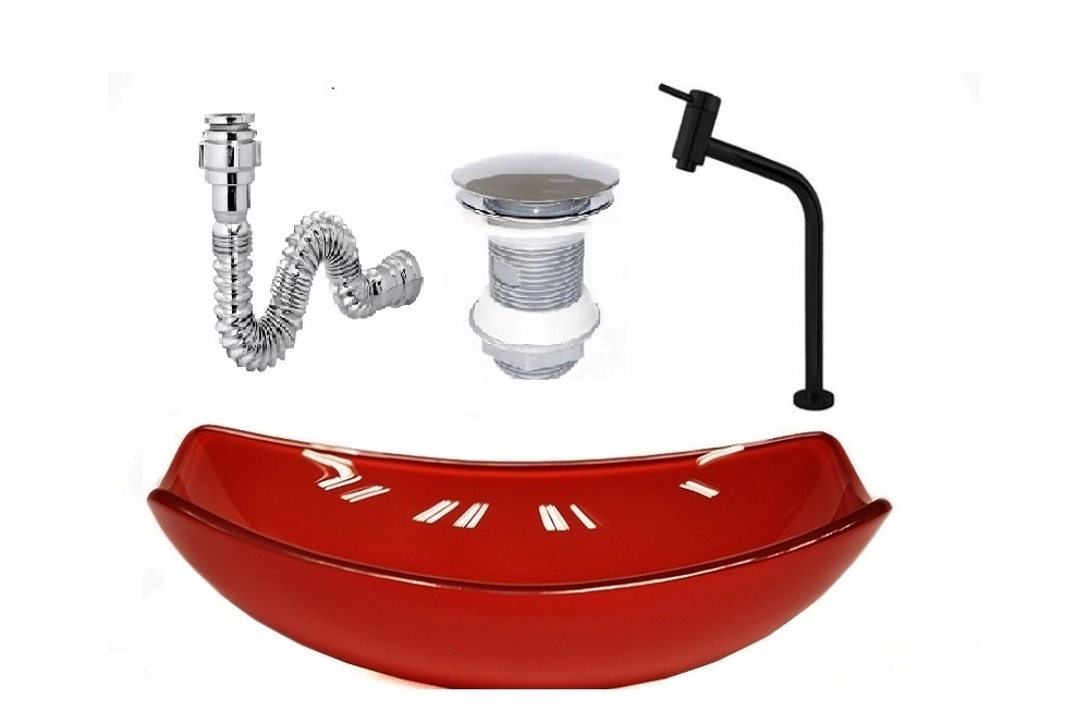 Cuba De Vidro Oval Chanfrada 46cm Vermelho Cereja + Valvula + Torneira Metal Preta + Sifao