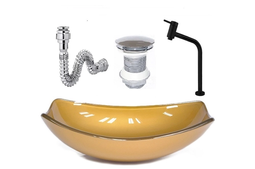 Cuba De Vidro Oval Chanfrada 46cm Dourado Real + Valvula + Torneira Metal Preta + Sifao