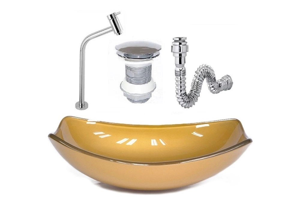 Cuba De Vidro Oval Chanfrada 46cm Dourado Real + Valvula + Torneira + Sifao