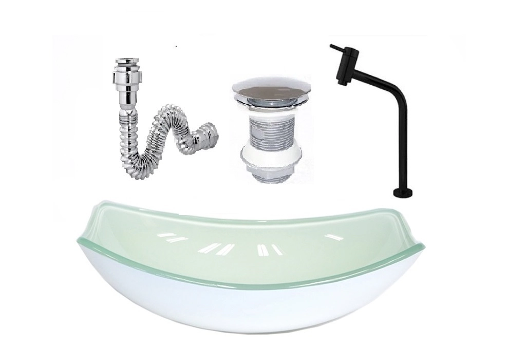 Cuba De Vidro Oval Chanfrada 46cm Branca + Valvula + Torneira Metal Preta + Sifao