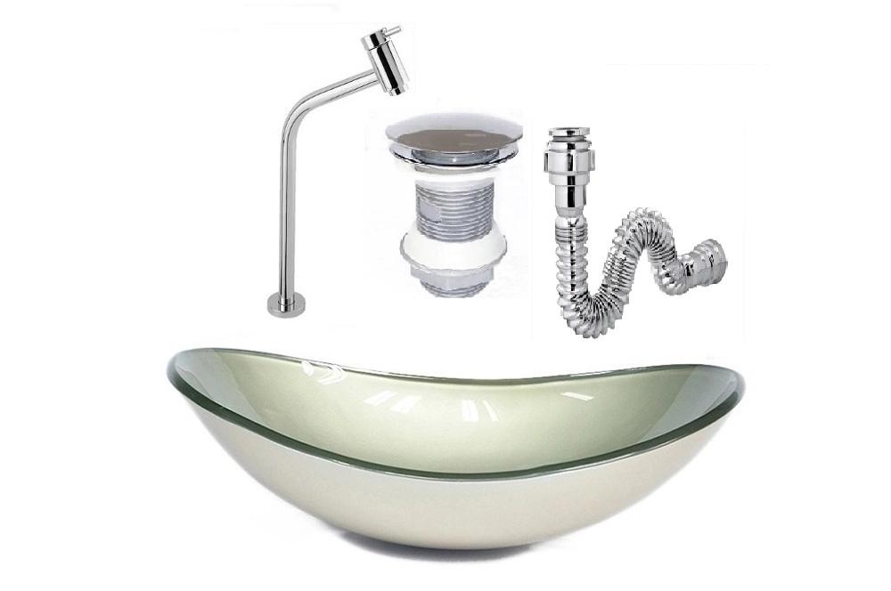 Cuba De Vidro Oval 47cm Champanhe + Válvula Click + Torneira De Metal + Sifao