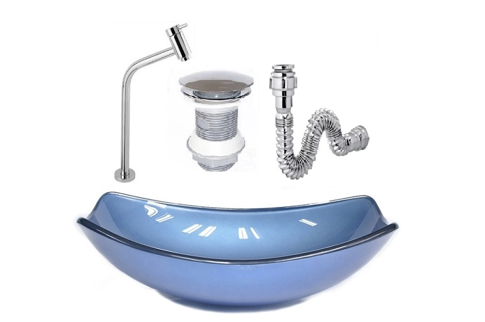Cuba De Vidro Oval Chanfrada 46cm Azul + Valvula + Torneira + Sifao