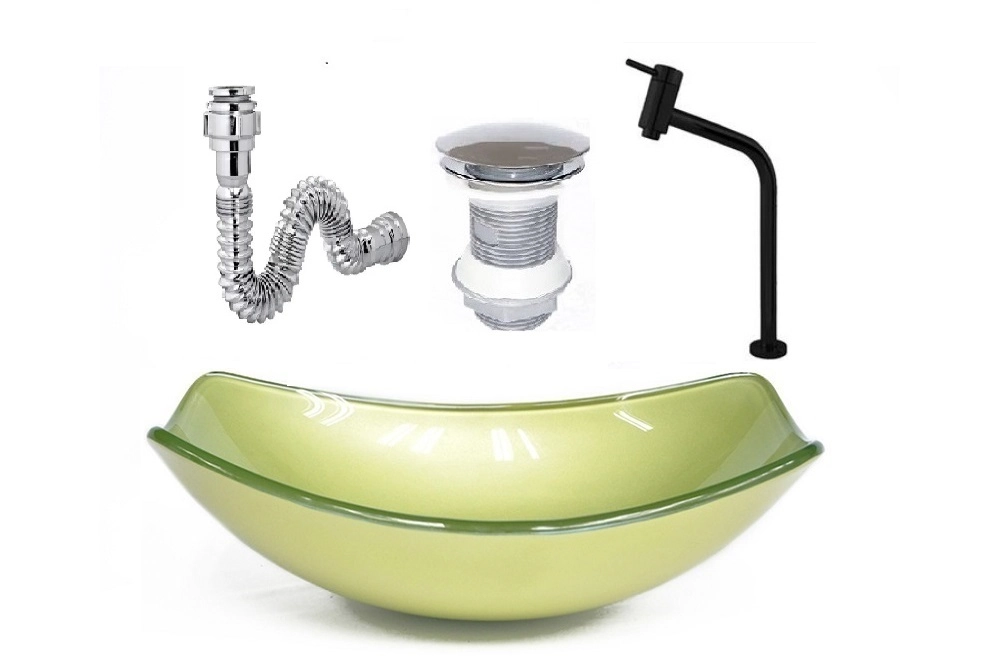 Cuba De Vidro Oval Chanfrada 46cm Verde Oliva + Valvula + Torneira Metal Preta + Sifao