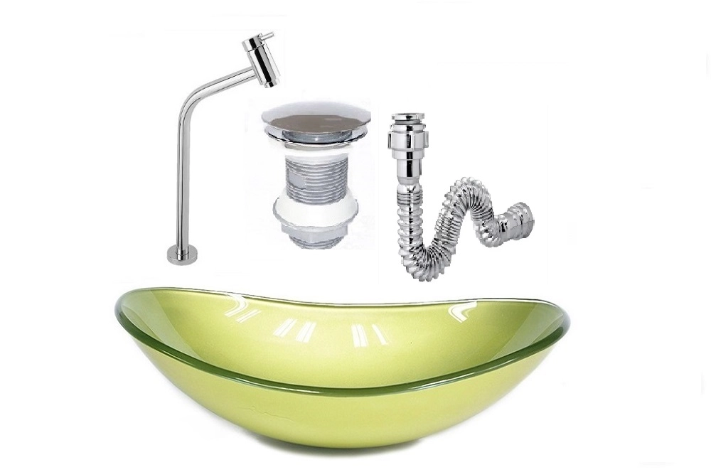 Cuba De Vidro Oval 47cm Verde Oliva + Válvula Click + Torneira De Metal + Sifao