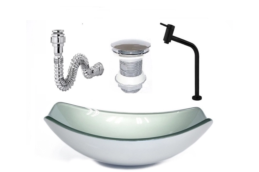 Cuba De Vidro Oval Chanfrada 46cm Prata + Valvula + Torneira Metal Preta + Sifao
