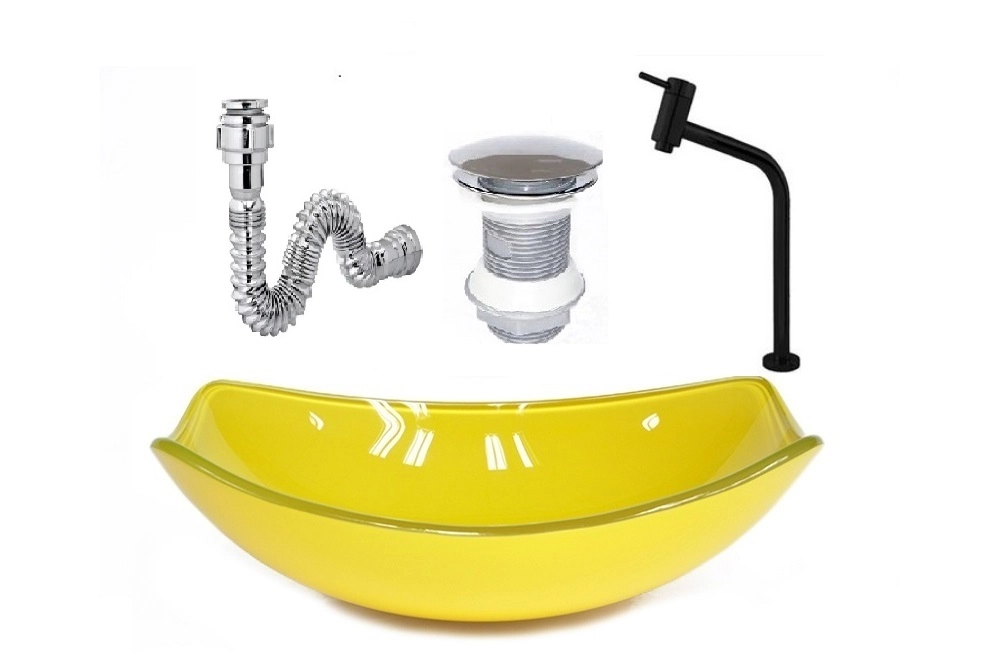Cuba De Vidro Oval Chanfrada 46cm Amarela + Valvula + Torneira Metal Preta + Sifao