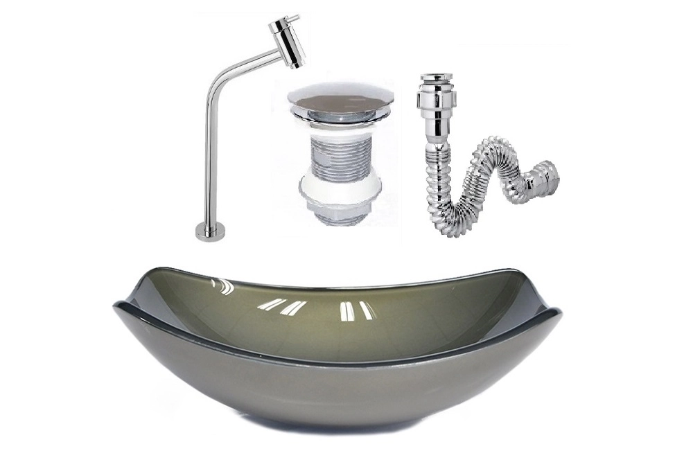 Cuba De Vidro Oval Chanfrada 46cm Ouro Envelhecido + Valvula + Torneira + Sifao