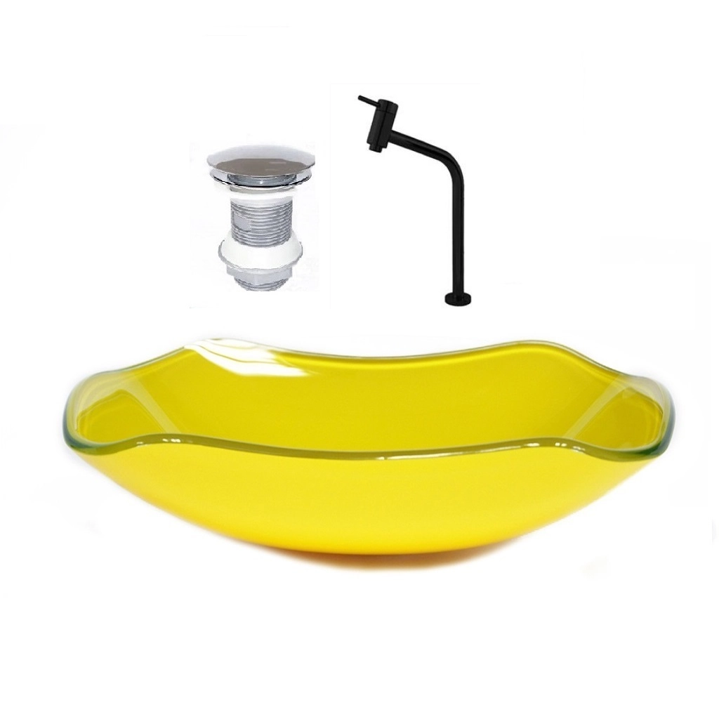 Cuba De Vidro Abaulada 45cm Amarelo + Valvula + Torneira Preta