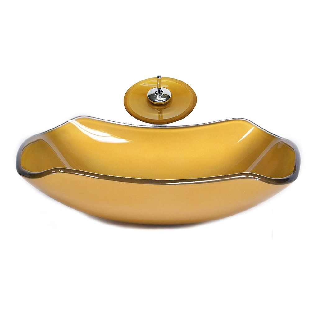 Cuba De Vidro Abaulada 45cm Dourado Real + Valvula + Torneira Cascata