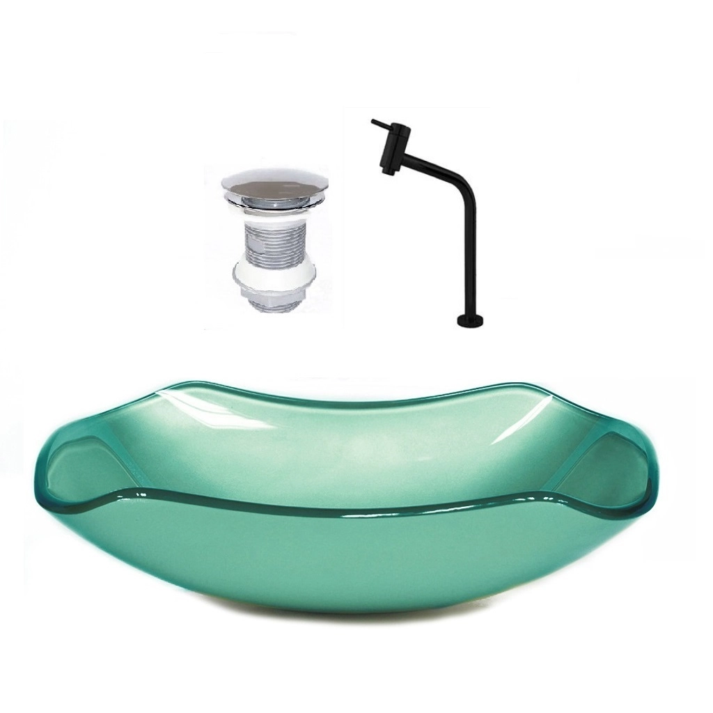 Cuba De Vidro Abaulada 45cm Verde + Valvula + Torneira Preta