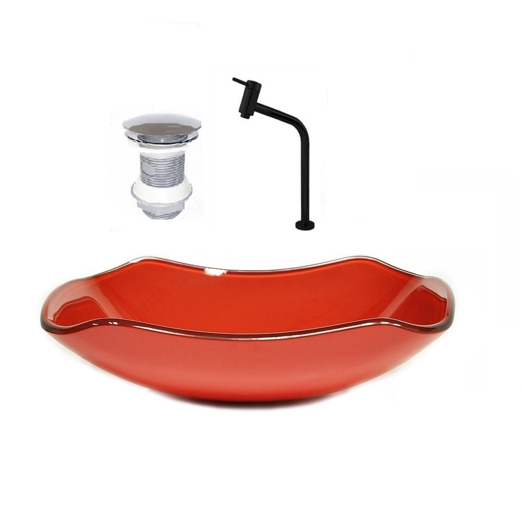 Cuba De Vidro Abaulada 45cm Vermelho Ferrari + Valvula + Torneira Preta
