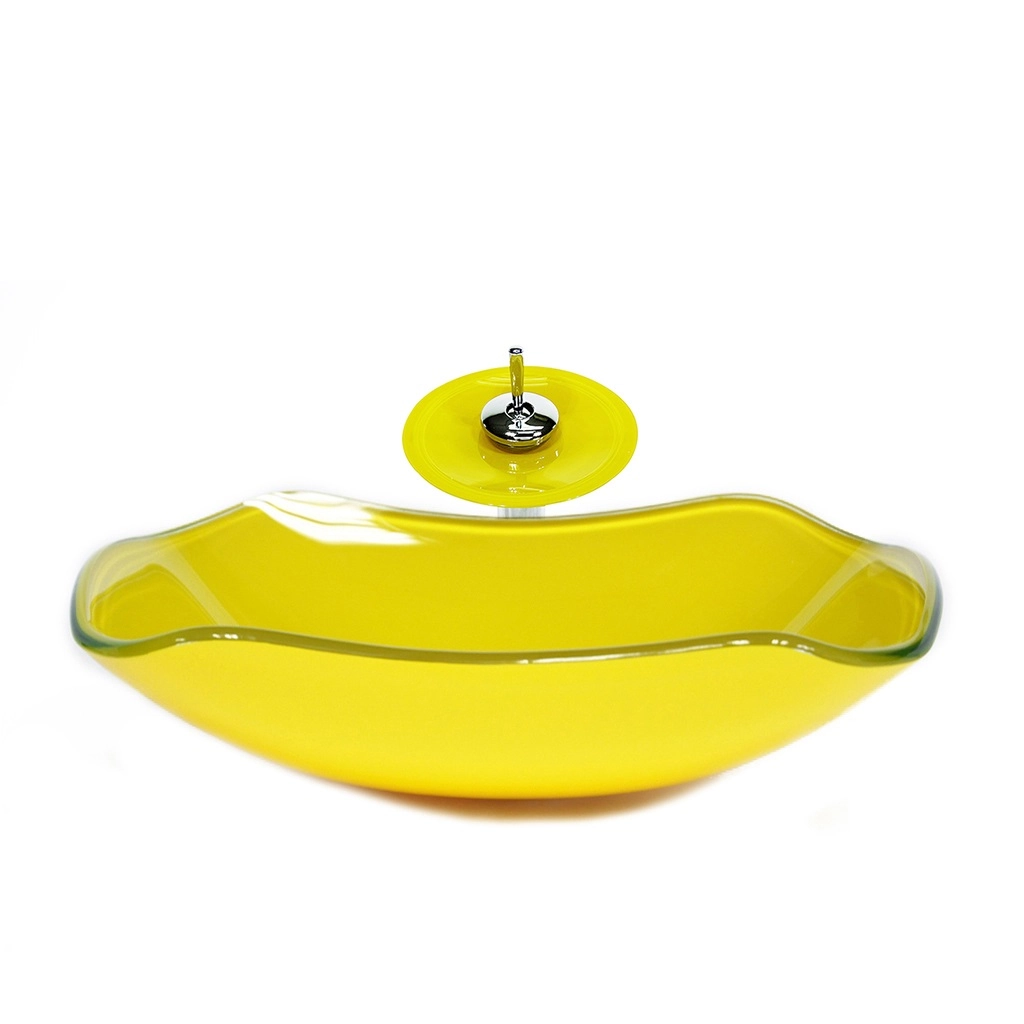 Cuba De Vidro Abaulada 45cm Amarelo + Valvula + Torneira Cascata