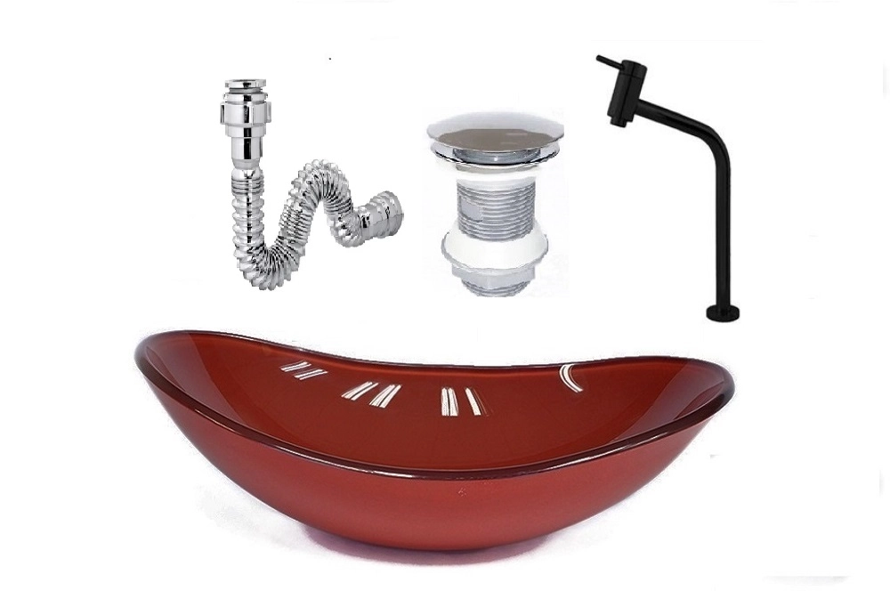Cuba De Vidro Oval 47cm Vermelho Cereja + Valvula + Torneira Preta + Sifao