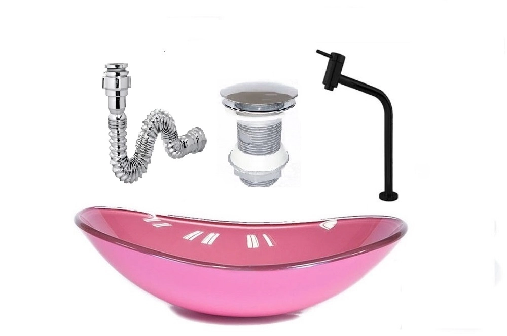 Cuba De Vidro Oval 47cm Rosa + Valvula + Torneira Preta + Sifao