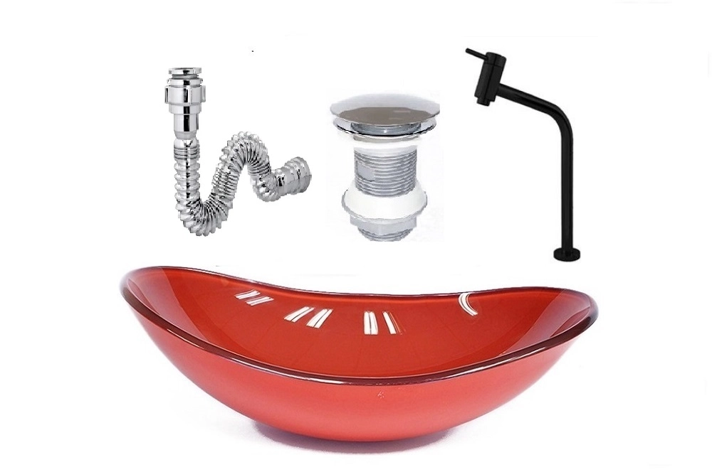 Cuba De Vidro Oval 47cm Vermelho Ferrari + Valvula + Torneira Preta + Sifao