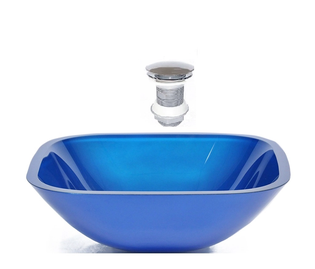 Cuba De Vidro Quadrada 35cm Azul Escuro + Valvula Click