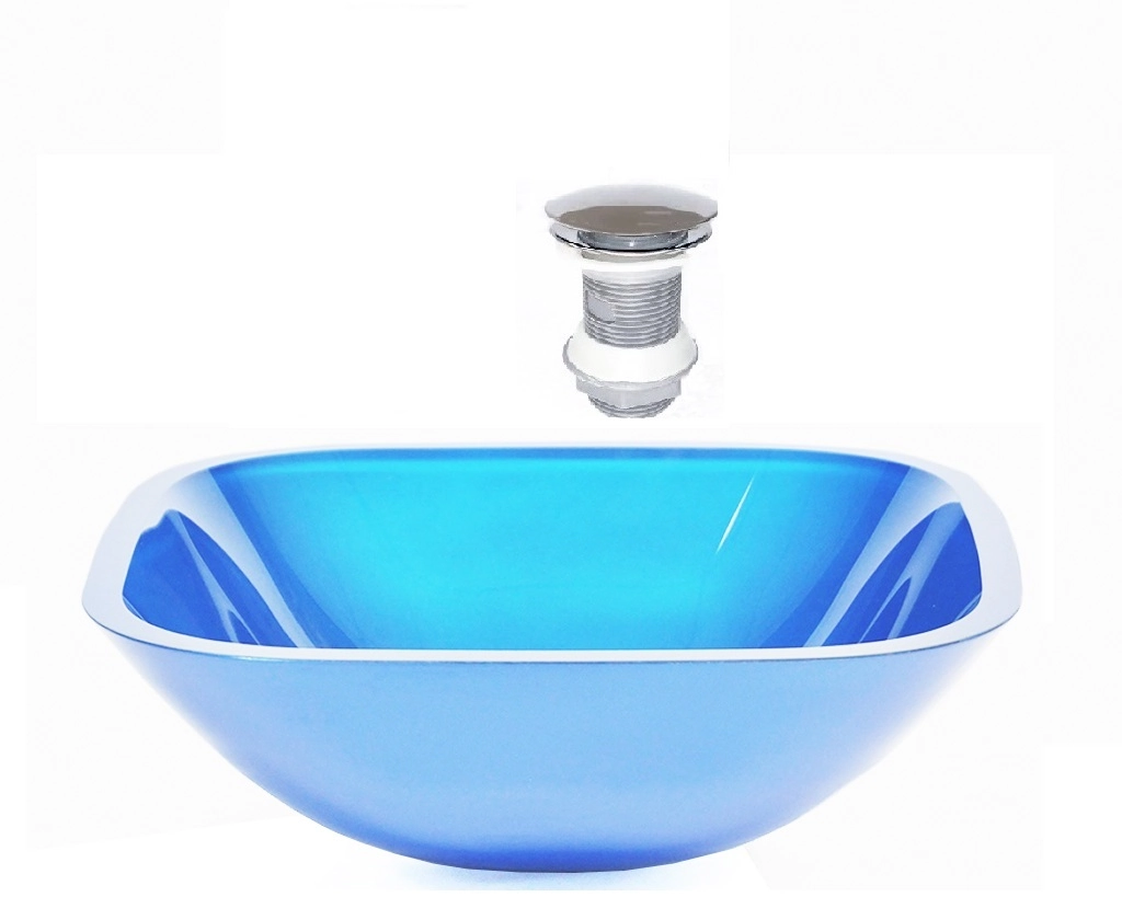 Cuba De Vidro Quadrada 35cm Azul + Valvula Click