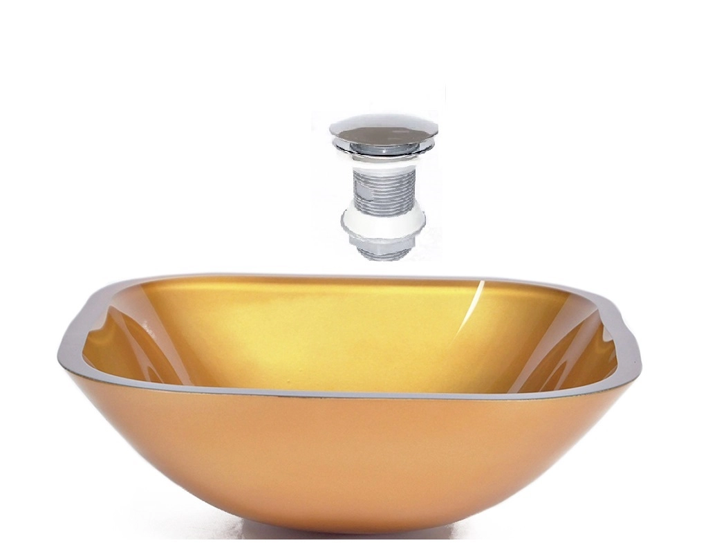 Cuba De Vidro Quadrada 35cm Dourado Real + Valvula Click