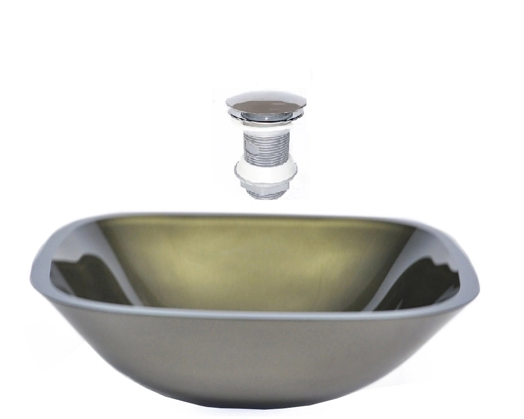 Cuba De Vidro Quadrada 35cm Ouro Envelhecido + Valvula Click