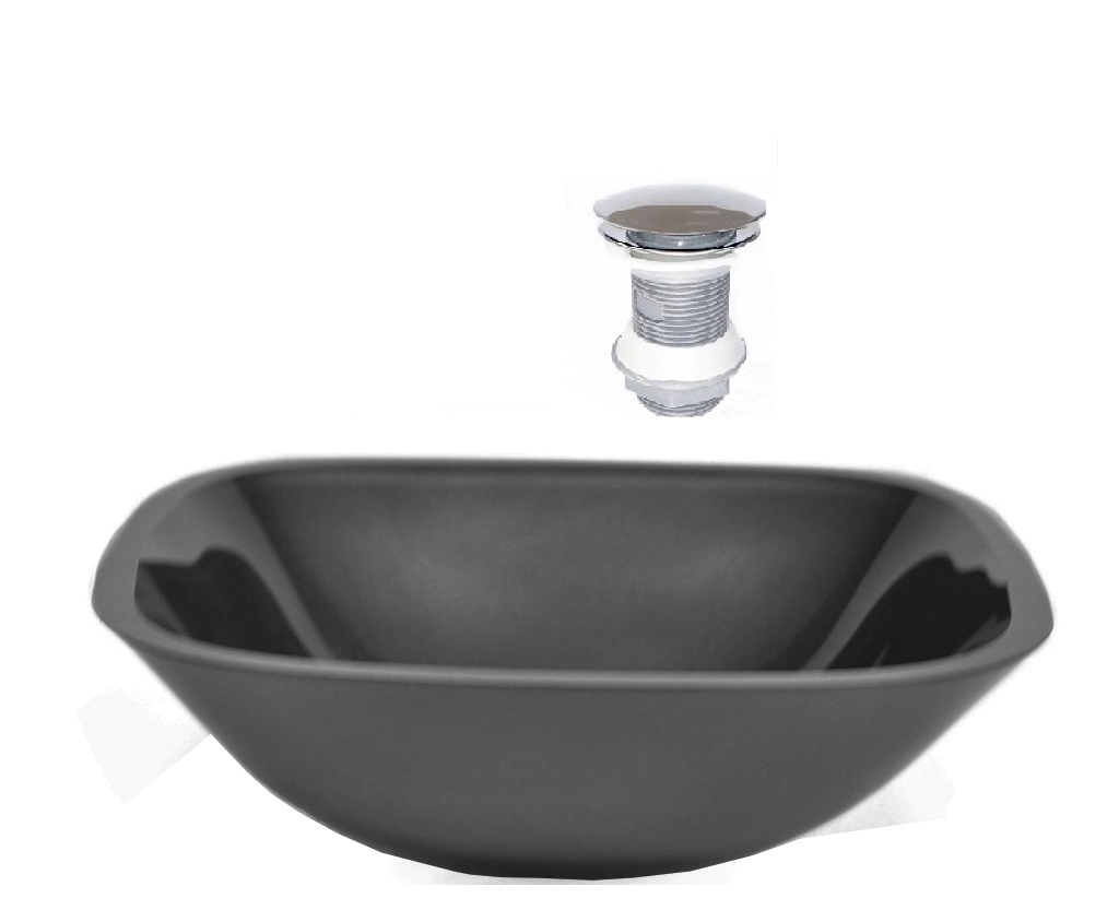 Cuba De Vidro Quadrada 35cm Preto + Valvula Click