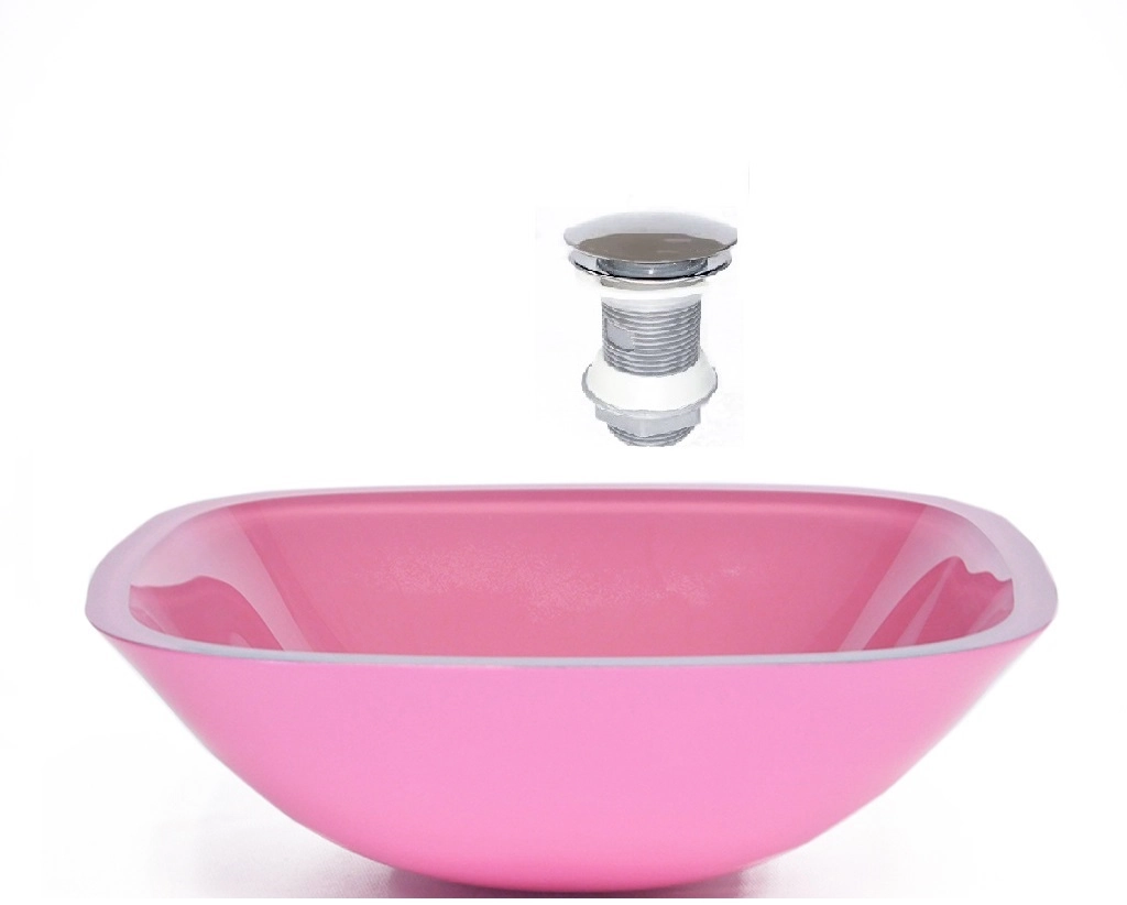 Cuba De Vidro Quadrada 35cm Rosa + Valvula Click