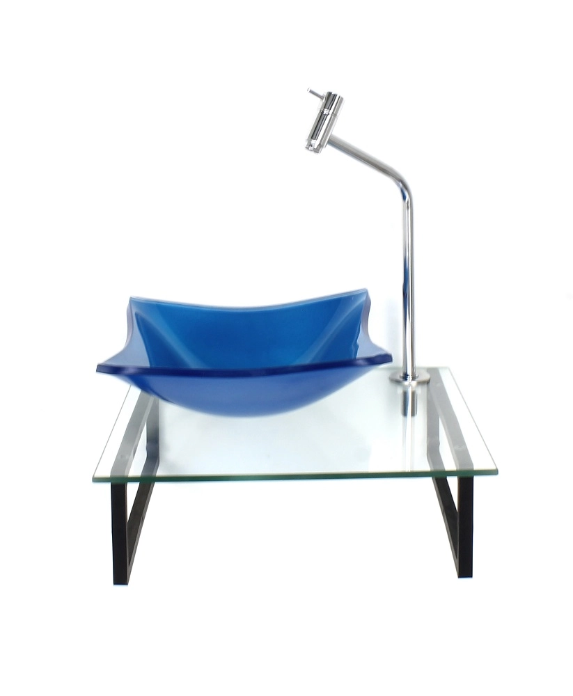 Kit Cuba De Vidro 10mm Azul Escuro Tampo 40cm Incolor Com Suporte Torneira Valvula