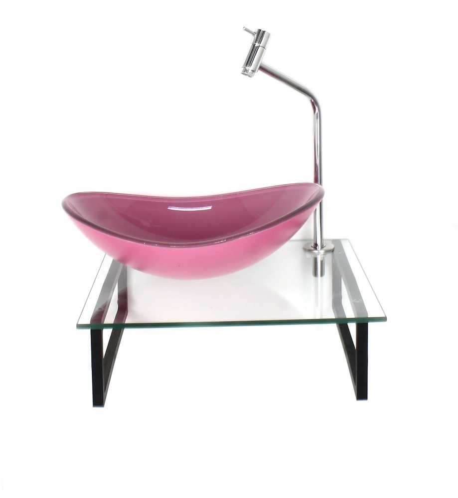 Kit Cuba De Vidro Oval 10mm Rosa Com Tampo 40cm Incolor E Suporte Preto