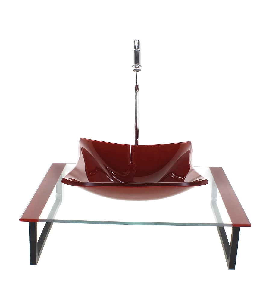 Kit Cuba De Vidro Quadrada 10mm Com Tampo 50cm Vermelho Cereja E Suporte Preto