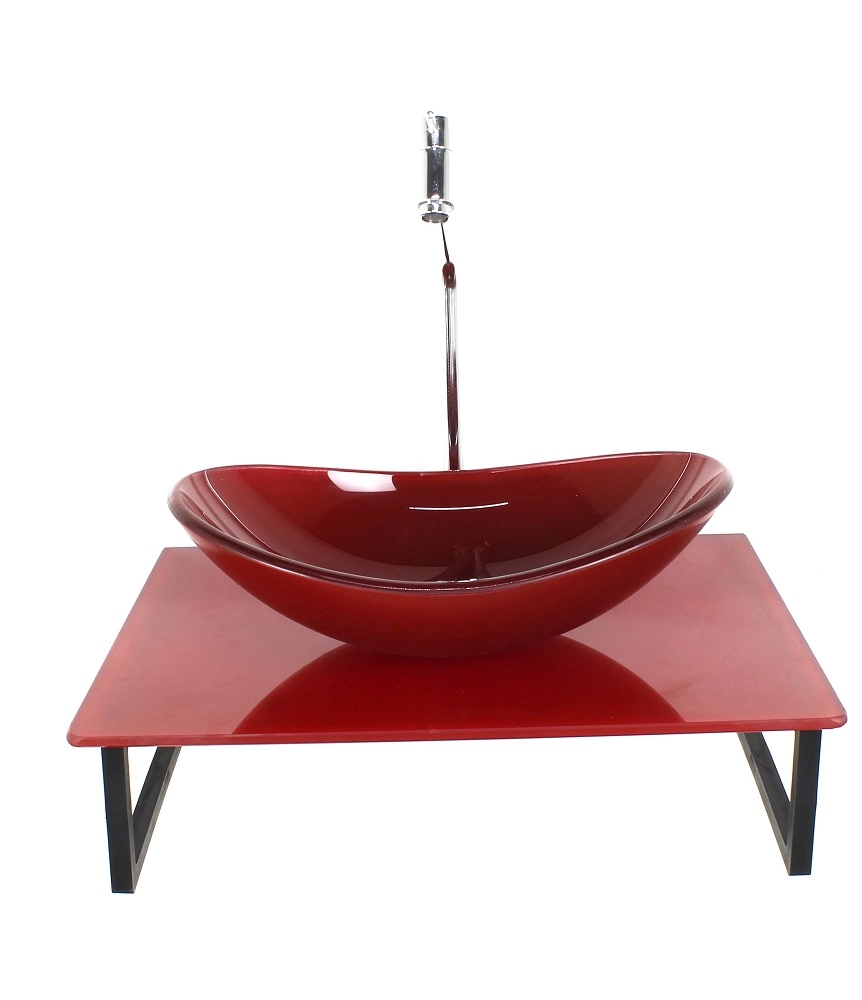 Kit Cuba De Vidro Oval 10mm Com Tampo 50cm Vermelho Cereja Full E Suporte Preto