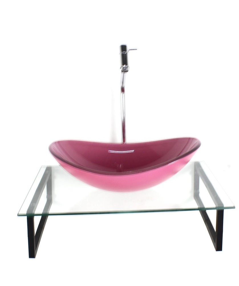 Kit Cuba De Vidro Oval 10mm Rosa Tampo 50cm Incolor Com Suporte Torneira Valvula