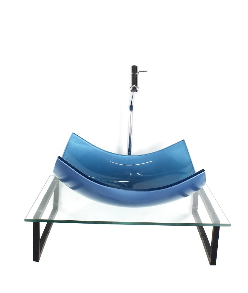 Kit Cuba De Vidro Retangular 10mm Azul Tampo 50cm Incolor Com Suporte Torneira Valvula