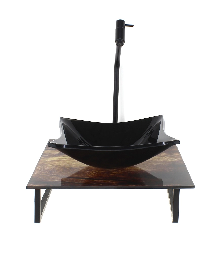 Kit Cuba De Vidro Quadrada 10mm Com Tampo De Vidro 40cm X 40cm Madeira Rustica E Suporte Preto