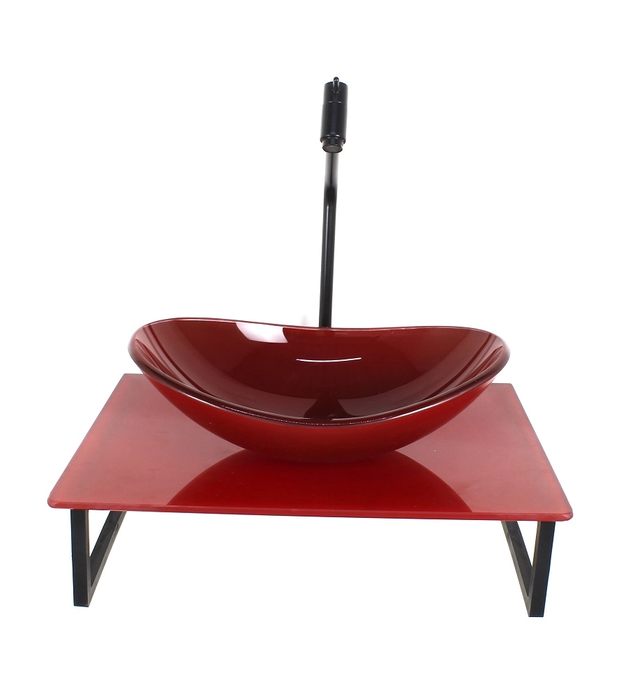 Kit Cuba De Vidro Oval 10mm Com Tampo De Vidro 40cm X 40cm Vermelho Cereja Full E Suporte Preto