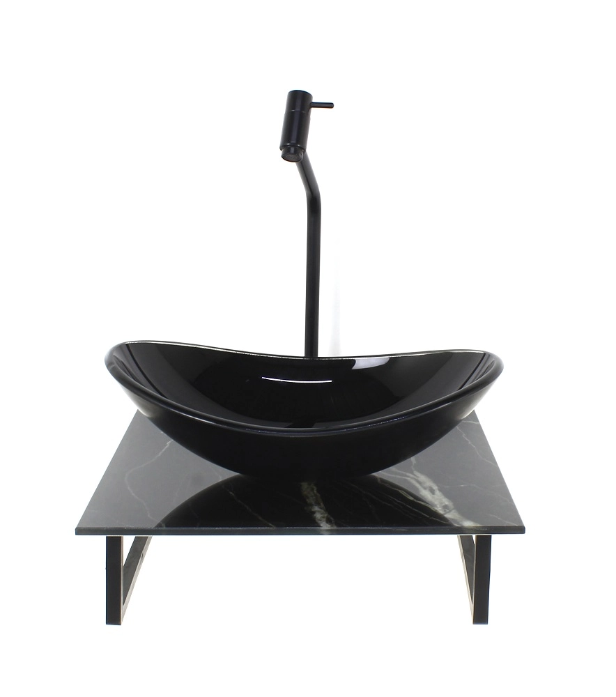 Kit Cuba De Vidro Oval 10mm Com Tampo De Vidro 40cm X 40cm Mármore Preto E Suporte Preto
