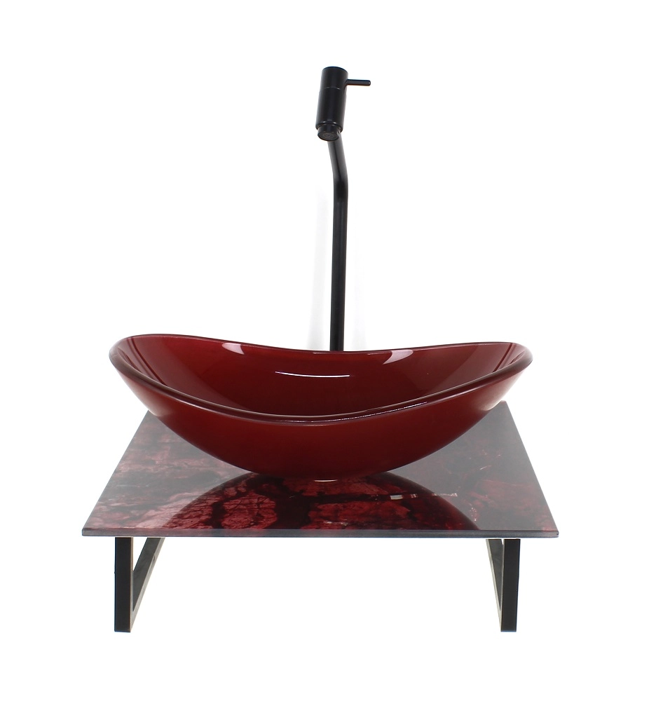 Kit Cuba De Vidro Oval 10mm Com Tampo De Vidro 40cm X 40cm Mármore Avermelhado E Suporte Preto