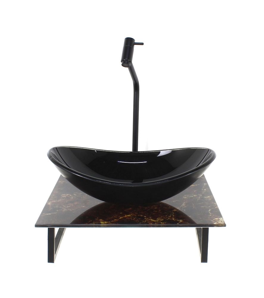 Kit Cuba De Vidro Oval 10mm Com Tampo De Vidro 40cm X 40cm Mármore Imperdador E Suporte Preto
