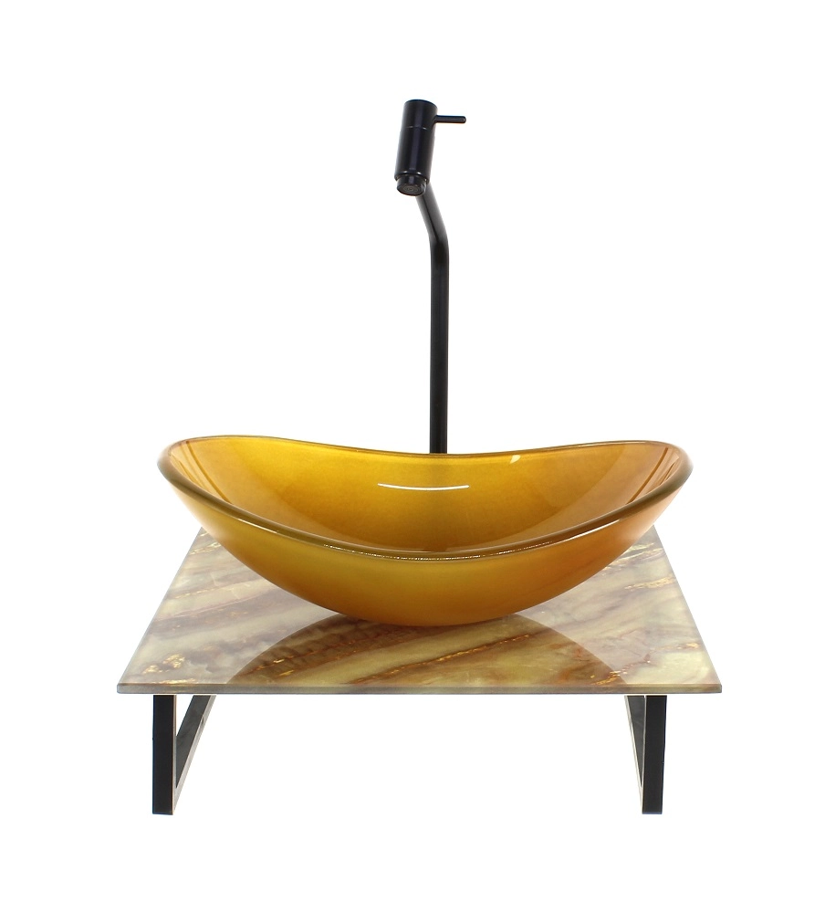 Kit Cuba De Vidro Oval 10mm Com Tampo De Vidro 40cm X 40cm Mármore Marfim E Suporte Preto