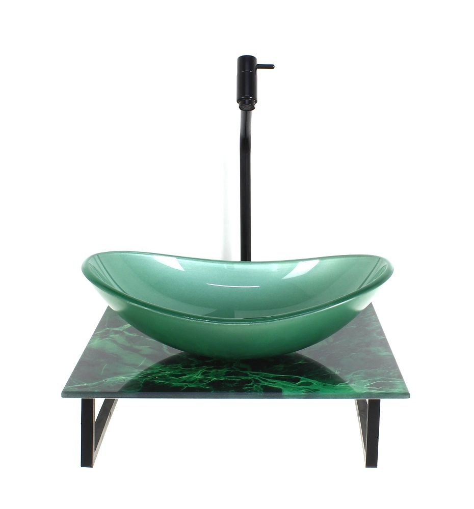 Kit Cuba De Vidro Oval 10mm Com Tampo De Vidro 40cm X 40cm Mármore Verde E Suporte Preto