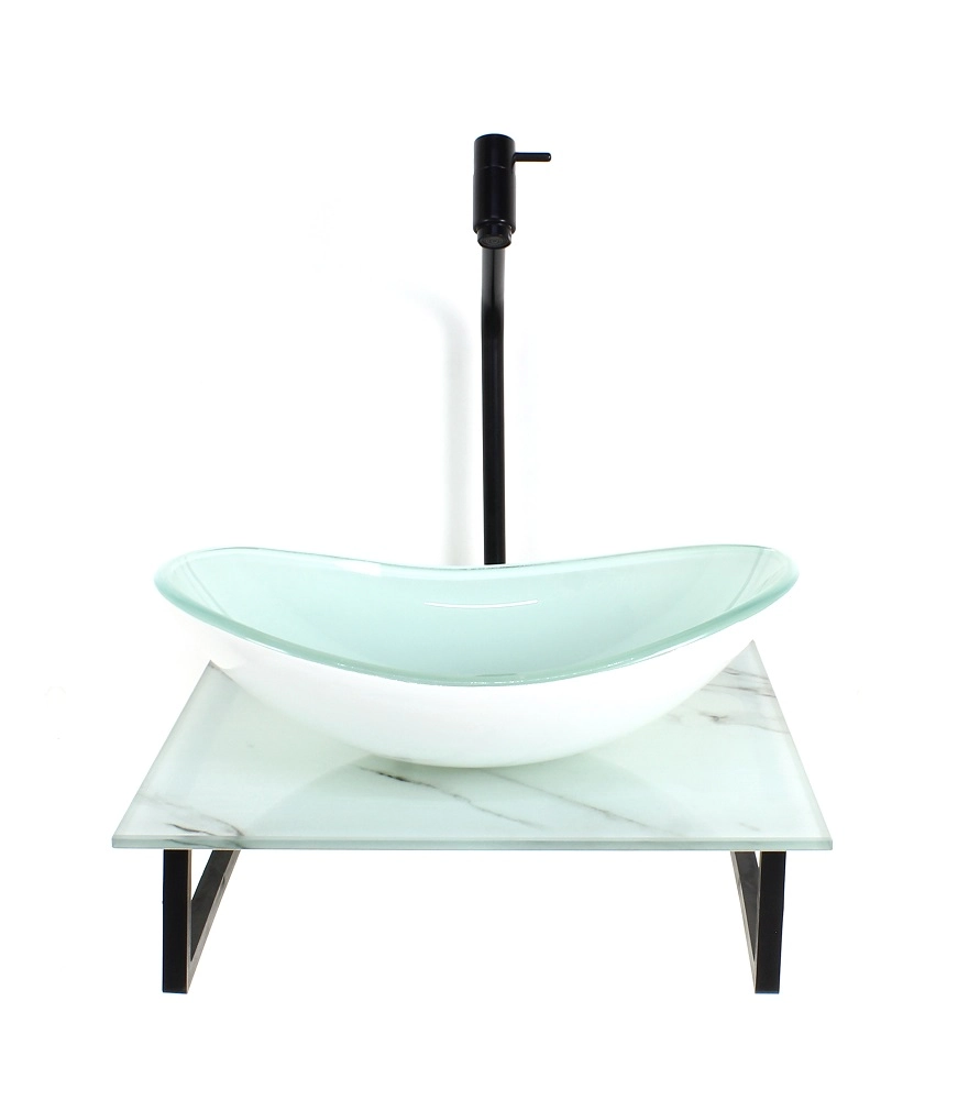 Kit Cuba De Vidro Oval 10mm Com Tampo De Vidro 40cm X 40cm Mármore Branco E Suporte Preto