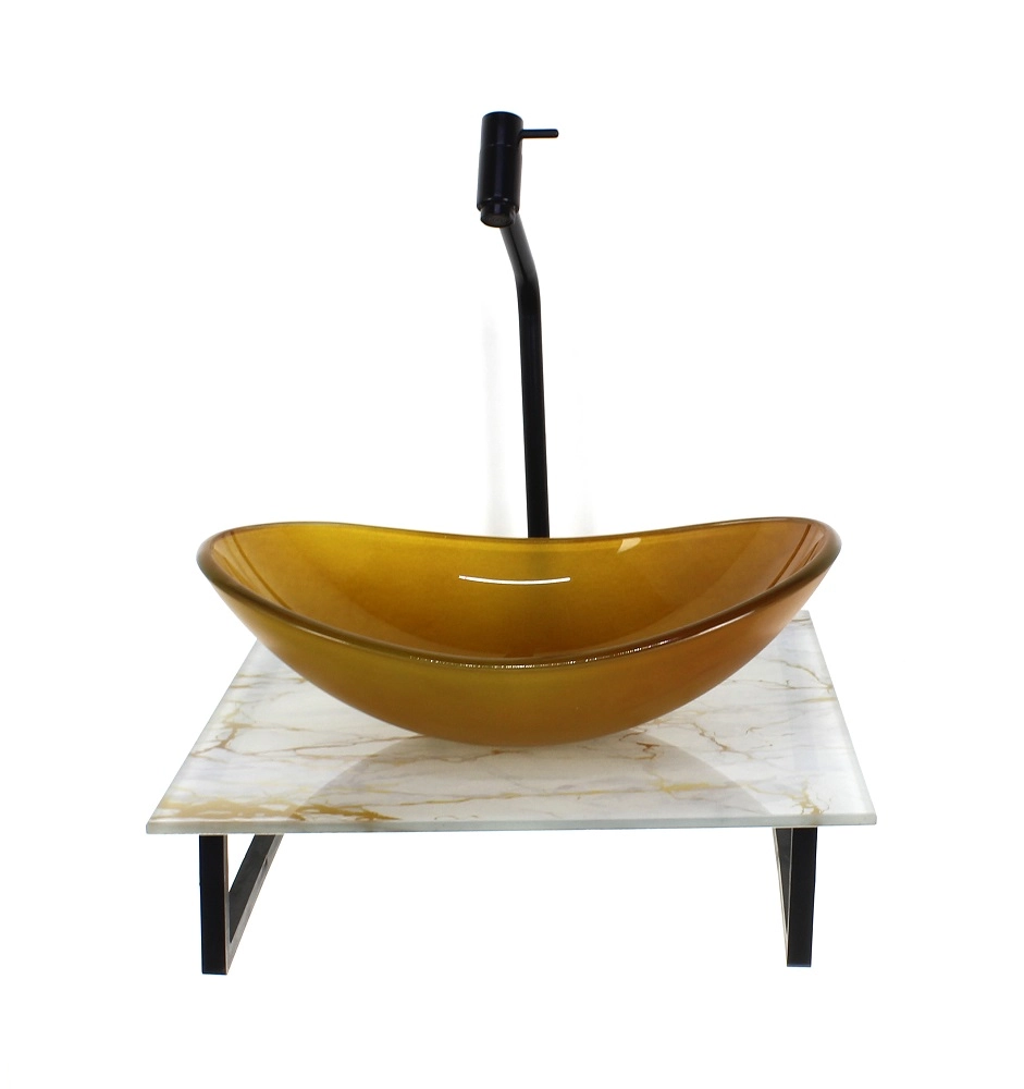Kit Cuba De Vidro Oval 10mm Com Tampo De Vidro 40cm X 40cm Mármore Branco Dourado E Suporte Preto
