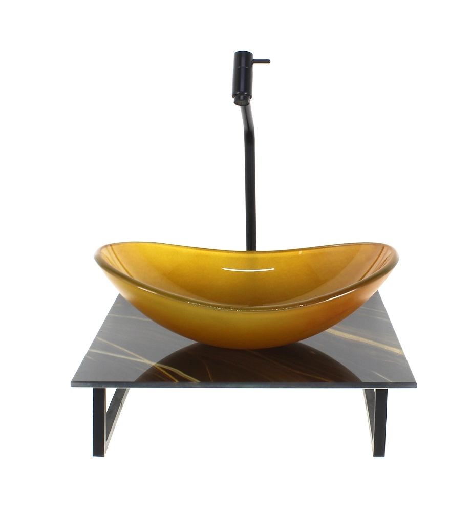 Kit Cuba De Vidro Oval 10mm Com Tampo De Vidro 40cm X 40cm Mármore Preto Dourado E Suporte Preto